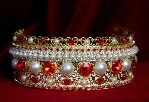 SOLD! 1695 Russian Style Red Crystal Pearl Gold Filigree Headband