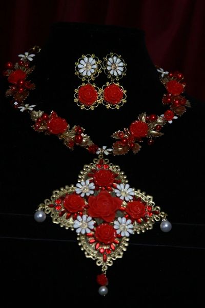 SOLD! 1713 Baroque Designer Inspired Rose Enamel White Flower Huge Cross Necklace SET