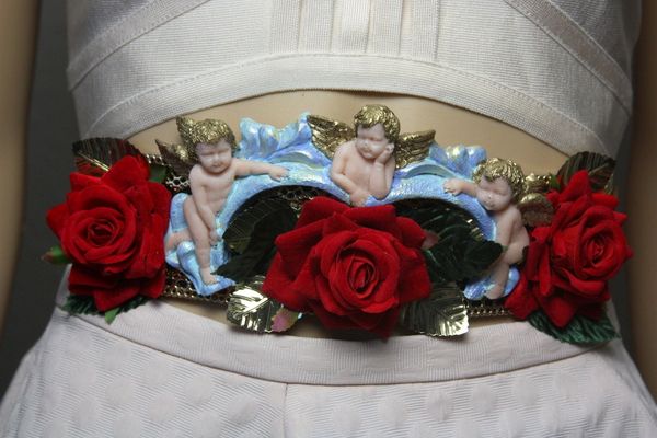 SOLD! 1755 Baroque Cherubs Velvet Red Rose Embellished Waist Belt