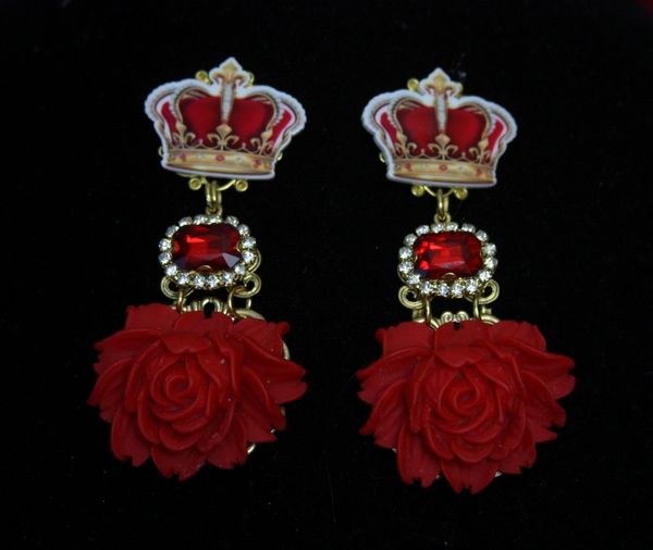 SOLD! 1766 Baroque Crown Massive Red Rose Crystal Earrings