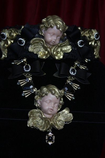 SOLD!1768 Total Baroque Vivid Cherub Black Bow Crystal Necklace
