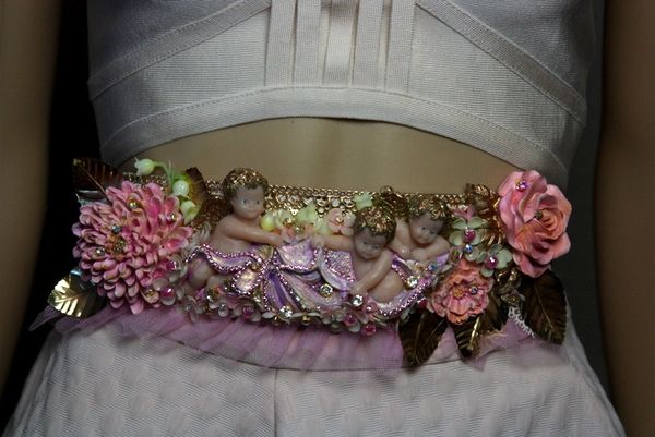 SOLD! 1770 Stunning Vivid Cherubs Angels Baroque Hand Painted Flower Crystal Waist Belt