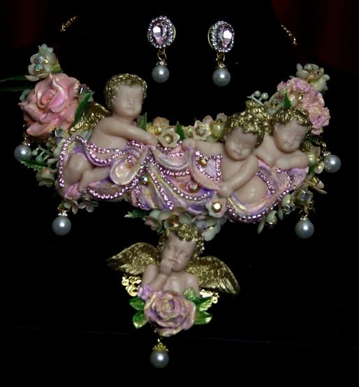 SOLD! 1777 Total Baroque Vivid Cherub Angels Flower Crystal Huge Necklace Set