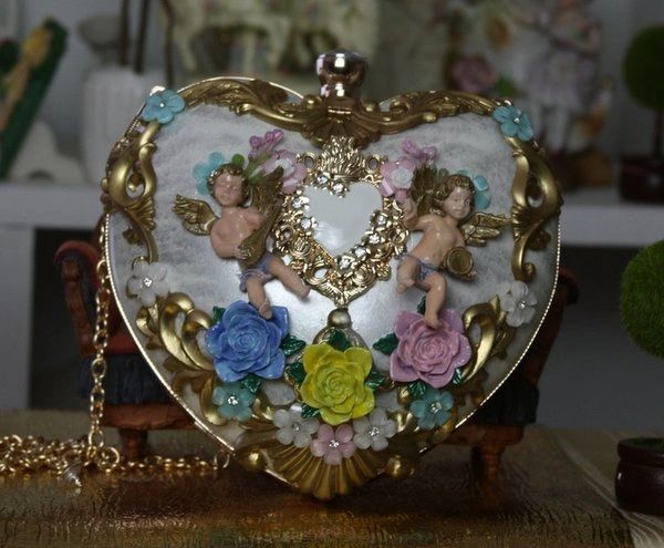 SOLD!1779 Designer Inspired Total Baroque Faded Silver White Heart Cherub Embellished Crossbody Trunk