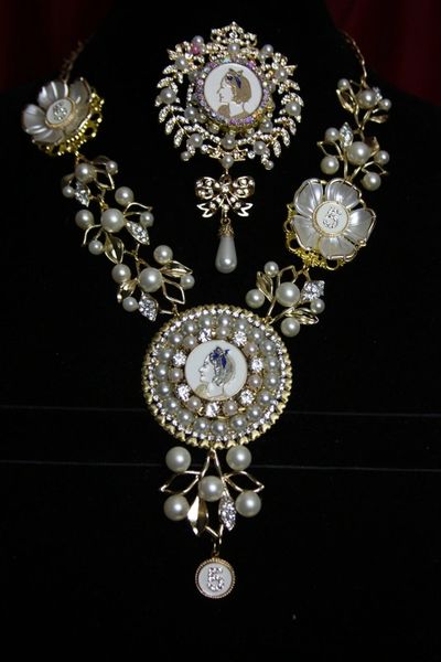 SOLD! 1784 Madam Coco Enamel Medallion Pearl Flower Set