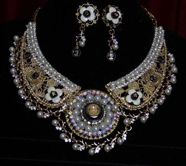 SOLD!1789 Madam Coco Camellia Enamel Metal Filigree Necklace Set