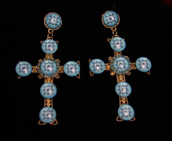 SOLD! 1799 Blue Mosaic Baroque Cross Massive Studs Earrings