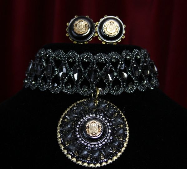 SOLD!1841 Baroque Black Crystal Choker Set