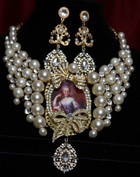 SOLD! 1851 Marie Antoinette Massive Bow Crystal Pearl Necklace Set