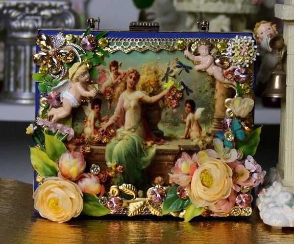 SOLD! 1869 Italian Renaissance Vivid Cherubs Flower Embellished One Of A Kind Sigar Box Crossbody Handbag