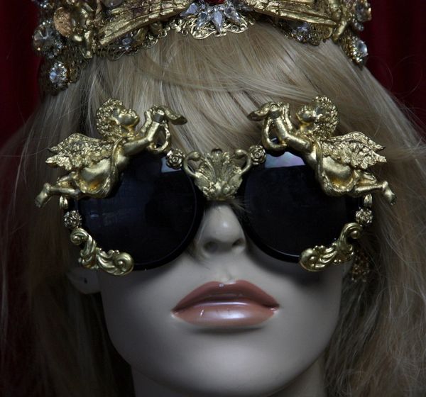 SOLD! 1877 Total Baroque Faced Gold Cherubs Swan Embellished Sunglasses Shades
