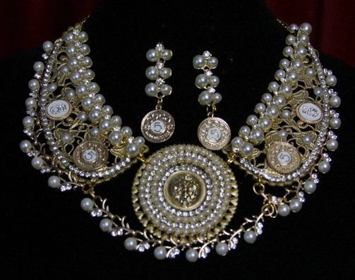 SOLD! 1890 Madam Coco Charms Lion Pearl Necklace+ Earrings Set