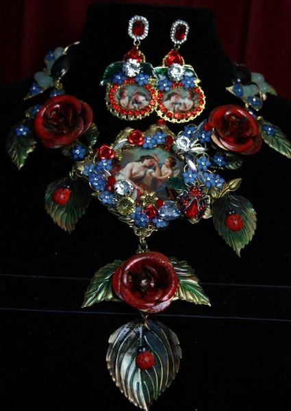 SOLD! 1891 SET Renaissance Zibellini Cameo Venus Cherub Vivid Rose Statement Necklace