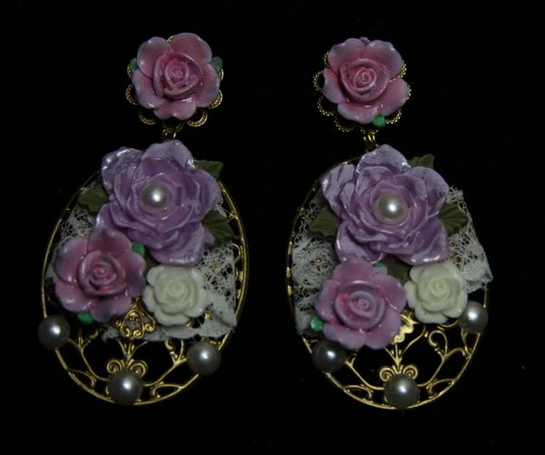 SOLD! 1894 Baroque Lace Hand Painted Lavander Rose Studs