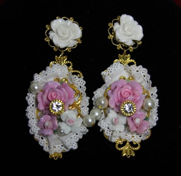 SOLD!1906 Baroque Hand Painted Pink Rose Lace Earrings