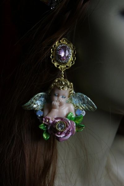 SOLD! 1907 Massive Cherub Baroque Pink Crystal Rose Earrings