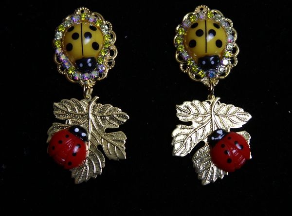 SOLD! 1926 Baroque Yellow Red Ladybug Leaf Studs Earrings