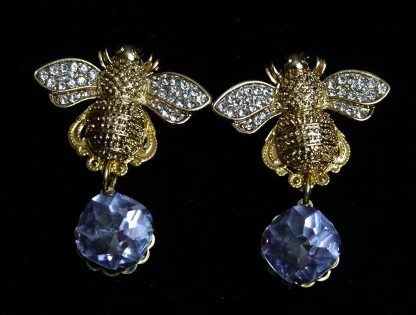 SOLD! 1927 Baroque Designer Inspired Gold Crystal Bee Blue Earrings