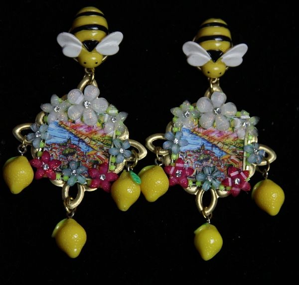 SOLD!1929 Taormina Italian Tile Print Flower Bee Lemon Earrings