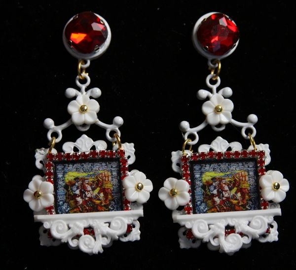 1935 Italian Print Knights White Balcony Red Crystal Studs Earrings