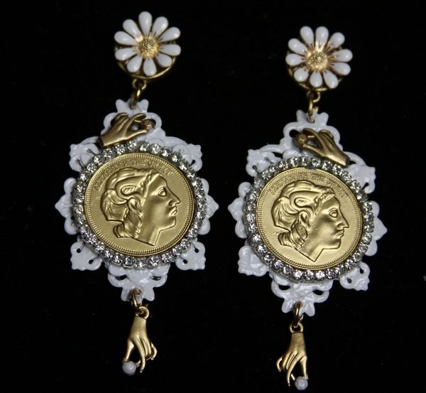SOLD! 1939 Roman Hand Unusual White Filigree Flower Studs Earrings