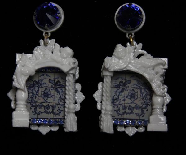 1942 Baroque Italian Tile Print Cherub Architect Blue Crystal Earrings