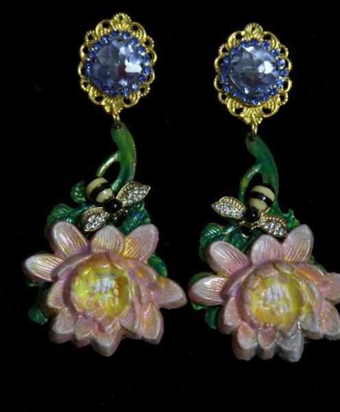 SOLD! 1948 Hand Painted Vivid Lily Bee Blue Crystal Earrings