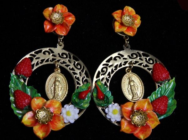 SOLD! 1954 Madonna coin Sicilian Inspiration Strawberry Ornage Flower Huge Earrings