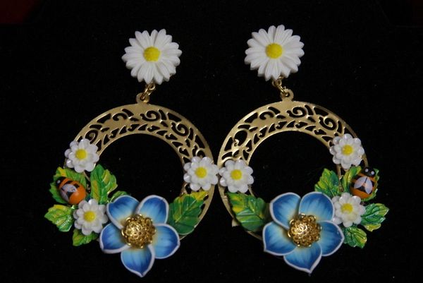 SOLD! 1947 Sicilian Bee Daisy Hand Painted Rounded Gold Filigree Huge Earrings