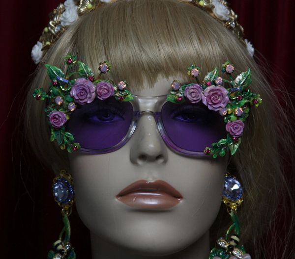 SOLD! 1960 Purple Clear Hand Painted Enamel Garden Embellished Sunglasses