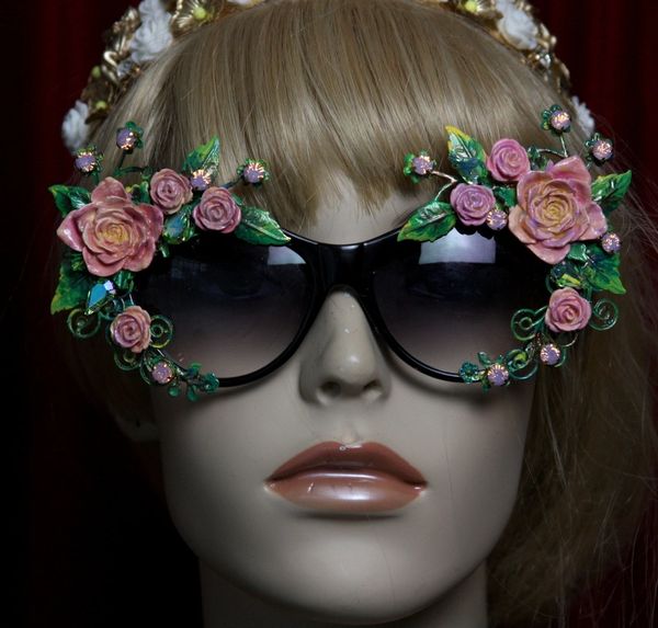 SOLD!1962 Elegant Vivid Hand Painted Leaf Roses Embellished Sunglasses