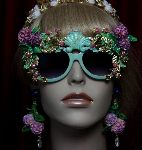 SOLD! 1963 Aqua Hydrangea Hand Painted Leagf Embellished Sunglasses