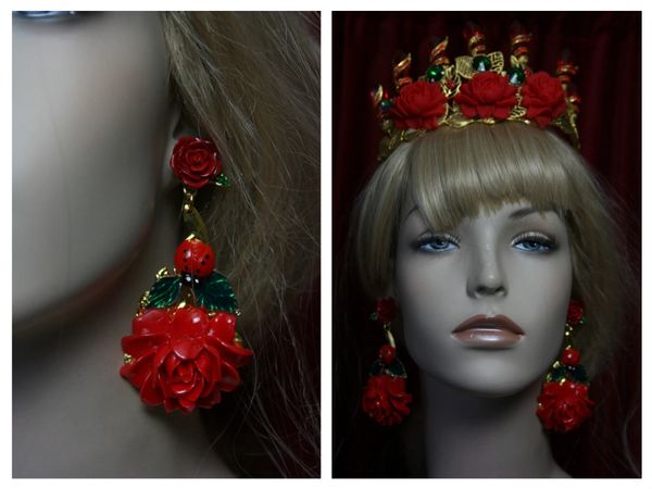 SOLD! 1968 Baroque Red Peony Ladybug Rose Studs Earrings