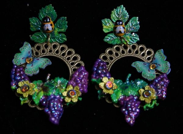 SOLD! 1976 Hand Painted Light Weight Bee Grapes Earrings
