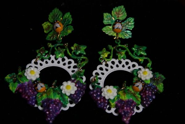 SOLD! 1977 White Filigree Grapes Bee Hand Painted Earrings