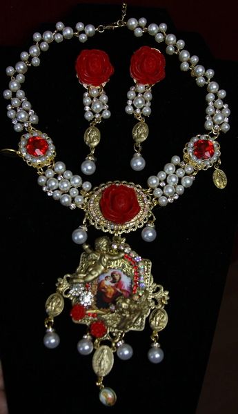 SOLD! 1984 Set Of Virgin Mary Pearl Rose Crystal Necklae+ Earrings