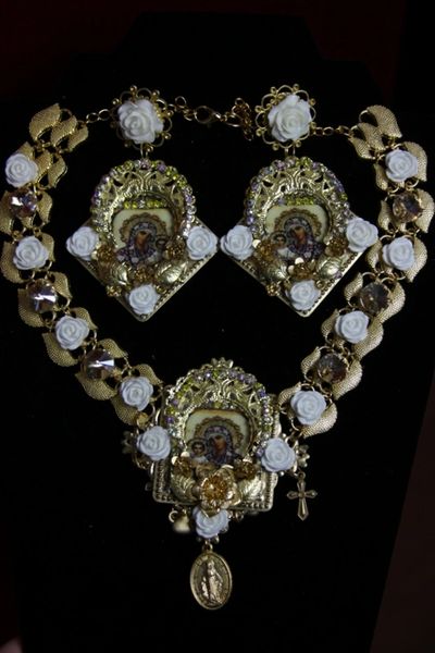 SOLD! 1985 Set of Virgin Mary Milky Rose Necklace Plus Earrings