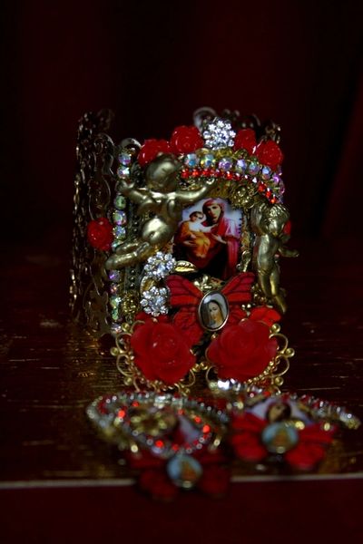 SOLD! 1986 Set Of Virgin Mary Red Rose Cuff+ Earrings