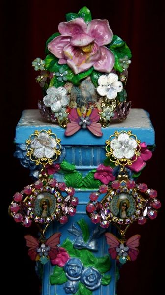 SOLD! 1989 Set Of Hand Painted Orchid Virgin Mary Crystal Cuff+ Earrings