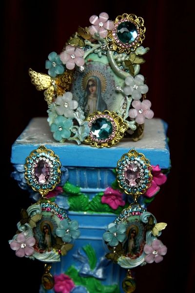 SOLD! 1988 Set Of Virgin Mary Aqua Pink Flower Crystal Cuff+ Earrings