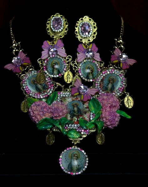 SOLD! 1990 Set Of virgin Mary Hand Painted Flowers Necklace + Earrings