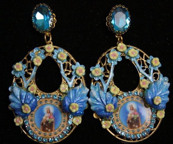 2002 Aqua Enamel Hand Painted Leaf Virgin Mary Earrings Studs