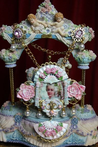 SOLD! 2014 Set Of Hand Painted Massive Marie Antoinette Rose Fan Necklace+ Earrings