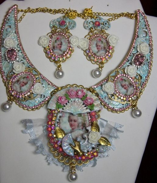 SOLD! 2013 Set Of Marie Antoinette Hand Painted Pale Blue Ponk Fan Necklace+ Earrings