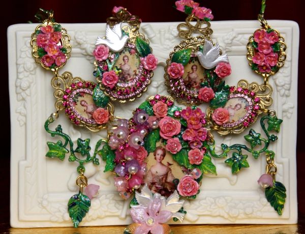SOLD! 2020 Set Of Marie Antoinette 3 Cameo Flowers Dove Necklace+ Earrings