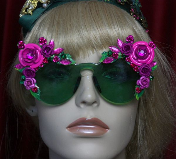 SOLD! 2033 Green Clear Fuchsia Roses Embellished Sunglasses