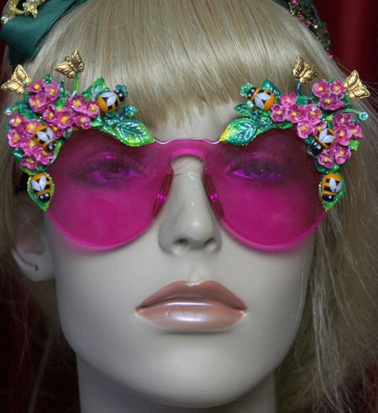 SOLD! 2034 Pink Clear Bee Hand Painted Flower Sunglasses