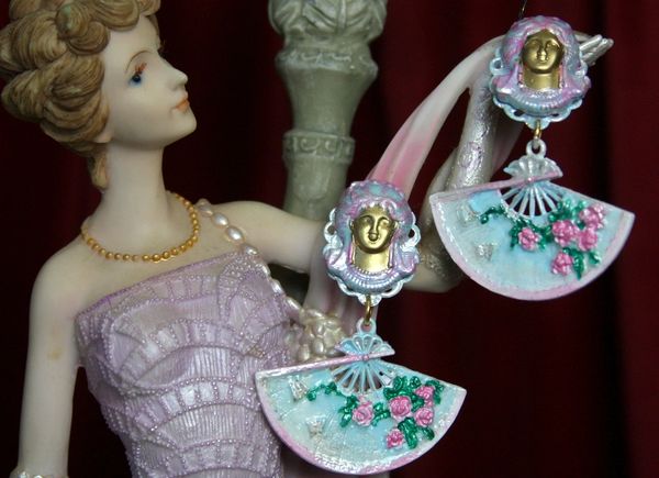 SOLD! 2054 Marie Antoinette Fan Hand Painted PAstel Studs Earrings