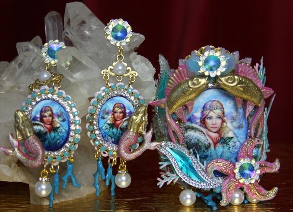 SOLD! 2058 Russian Mermaid Coral Seastar Massive Set Cuff + Earrings