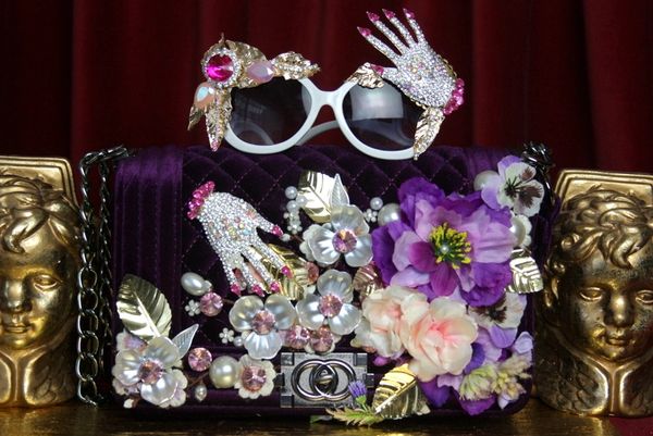 SOLD! 2083 Purple Velvet Crystal Hand Embellished Handbag